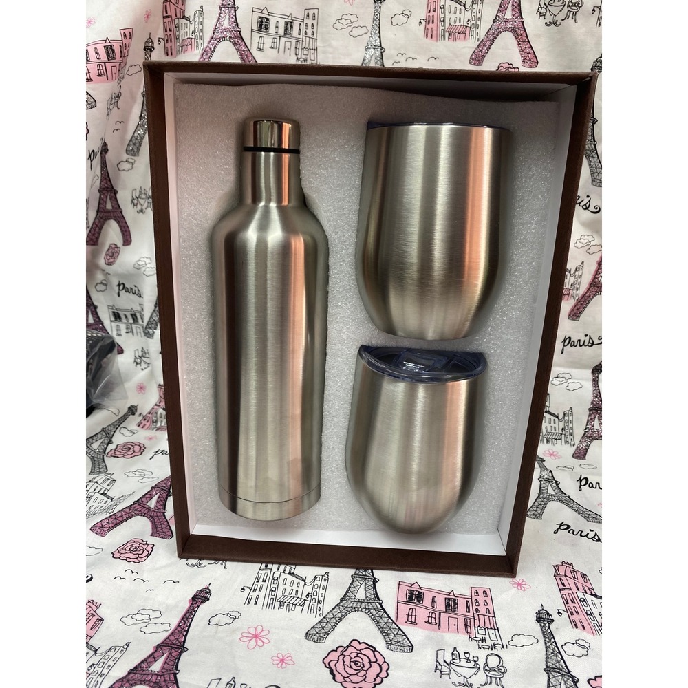 3pc Stainless Steel Insulated Wine Gift Set Bottle and 2 Tumblers Silver